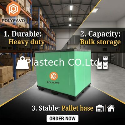 10 मिमी 12 मिमी वॉल थिकनेस के विकल्प के साथ कोलैप्सिबल बल्क बॉक्स, कस्टम कटआउट विंडो, स्टैकेबल रिटर्नएबल पैलेट बॉक्स लोगो प्रिंट